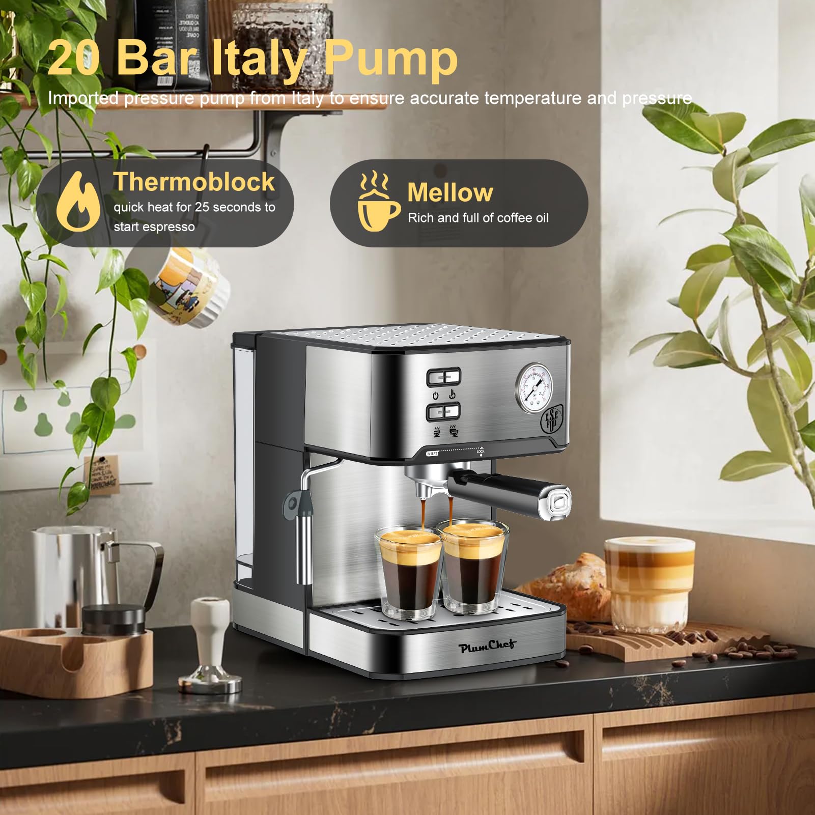 20 Bar Professional Espresso Machine with Milk Frother - Dual Shot Coffee Maker for Home Baristas, Compatible with ESE Pods, Pressure Gauge & 54oz Removable Water Tank - Perfect for Lattes, Cappuccinos & Home Coffee Shops (Silver)
