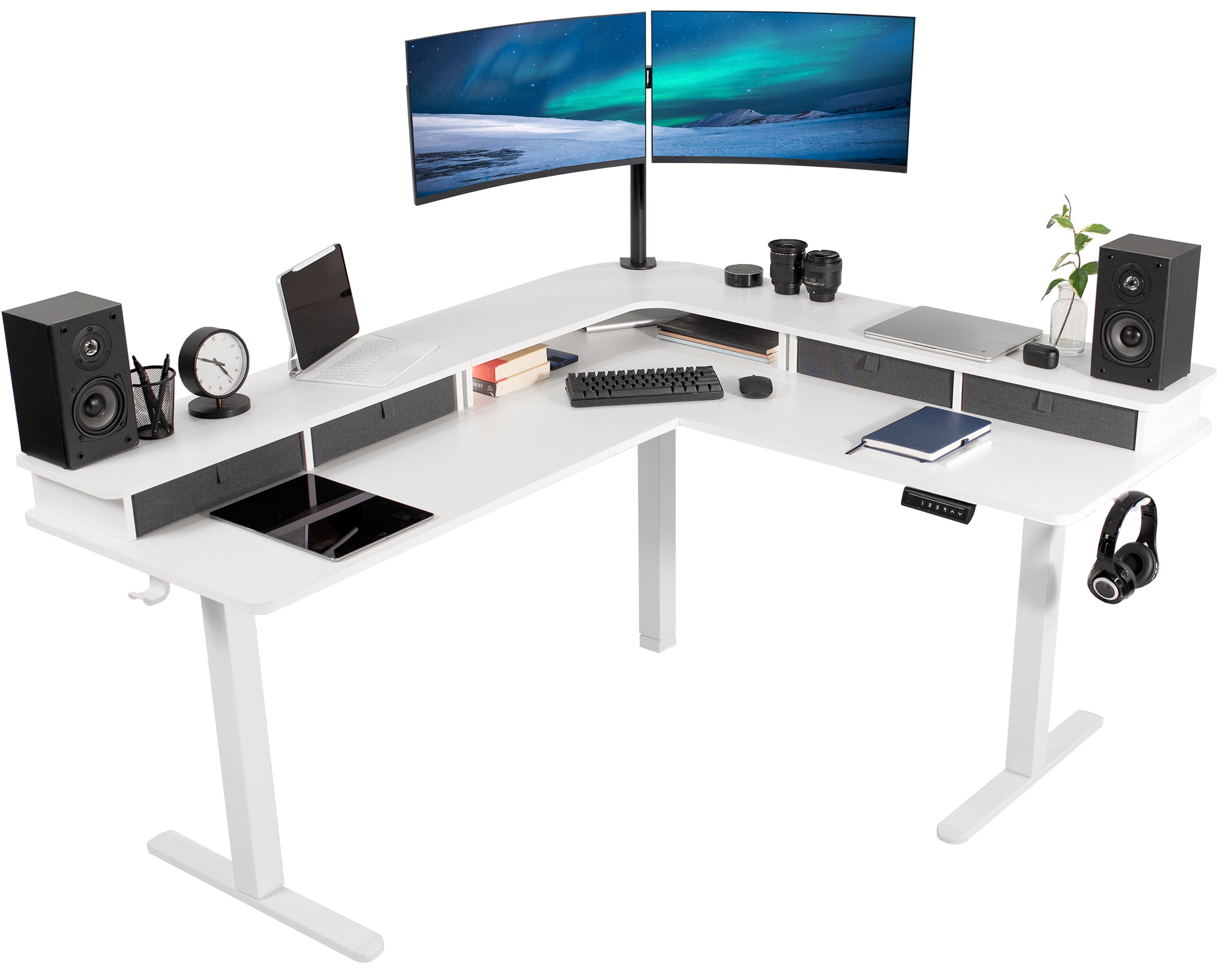 E3CV Series Two Tier Corner Electric Desk with Storage - Adjustable Standing Desk for Home Office, Study & Workspace - Perfect for Small Spaces & Ergonomic Workstations