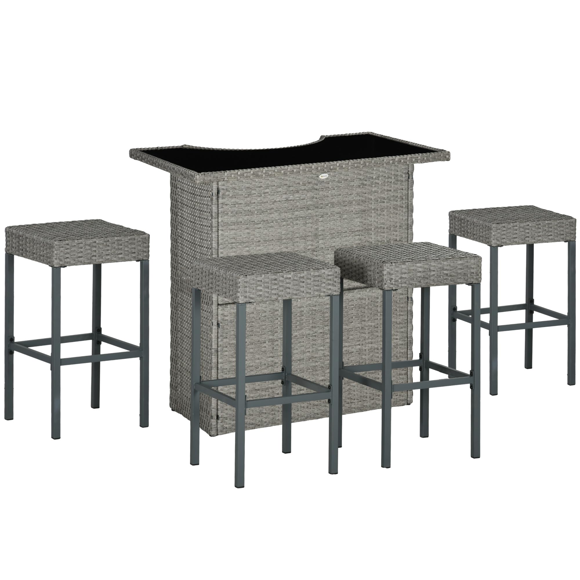Outsunny 5-Piece Rattan Wicker Bar Set - High Top Outdoor Table & 4 Chairs with Glass Table Top & 2-Tier Storage Shelf - Patio Dining Set for Garden, Poolside, Backyard, Restaurant, Cafe (Gray)