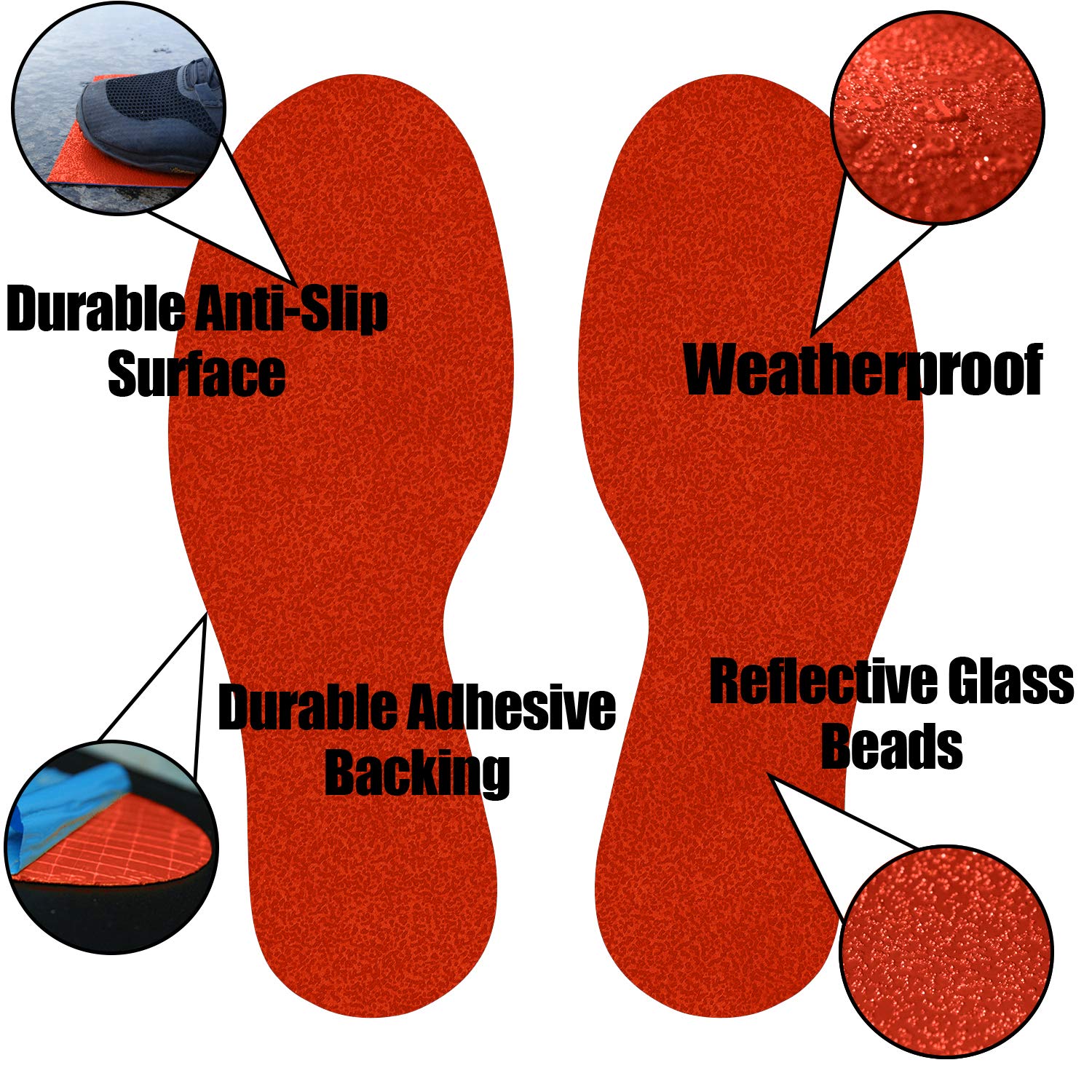 DuraMark Red Reflective Anti-Slip Glass Bead Adhesive Footprints - 11 Inch Safety Floor Signs for Outdoor & Permanent Use (30 Pairs/60 Footprints) - Ideal for Warehouses, Factories, and Hazardous Areas