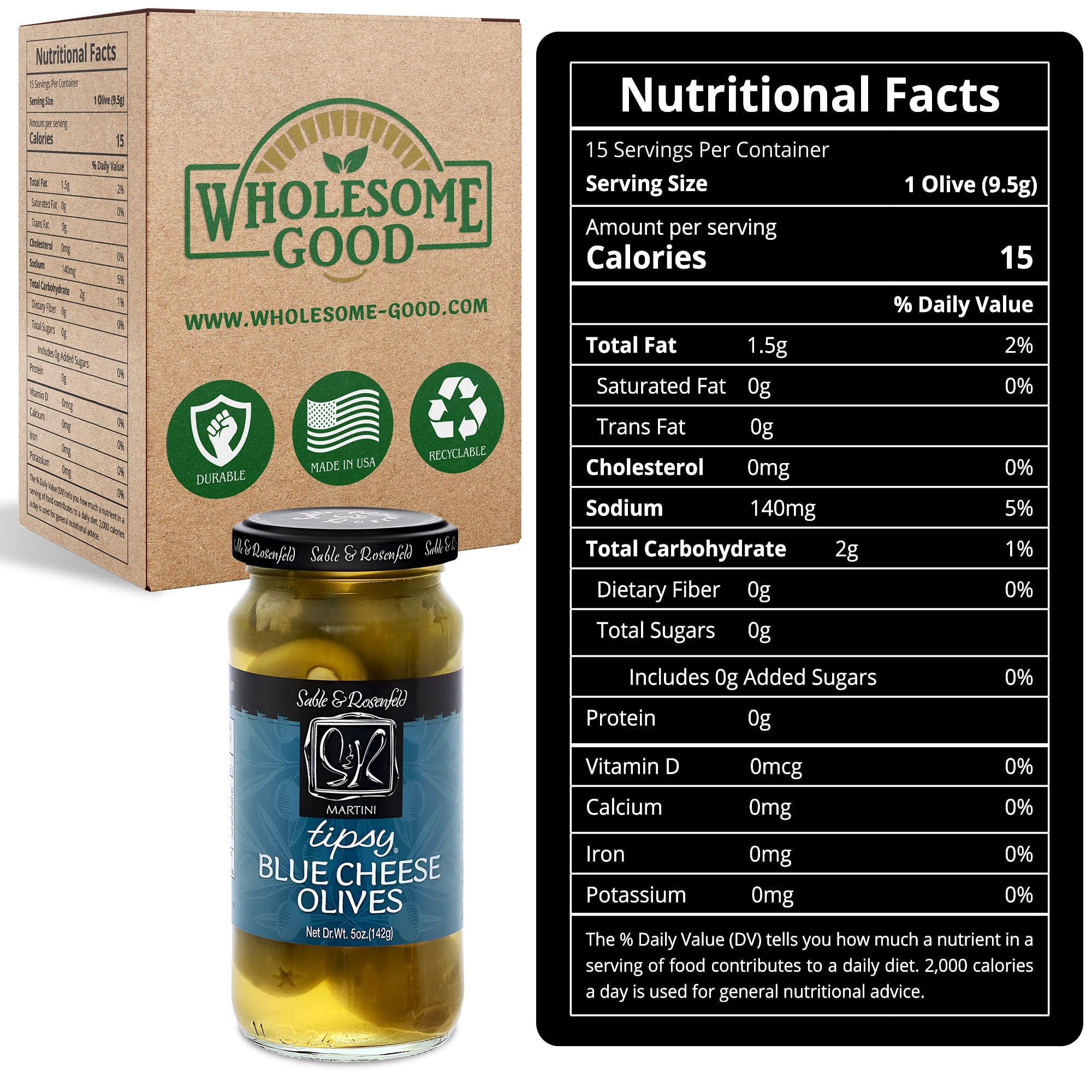 Premium Blue Cheese Stuffed Green Olives - Gourmet Cocktail Olives for Martinis, Bloody Marys & Charcuterie Boards - Sable & Rosenfeld 5 oz (Pack of 6) - Perfect for Home Bars, Parties & Holiday Entertaining