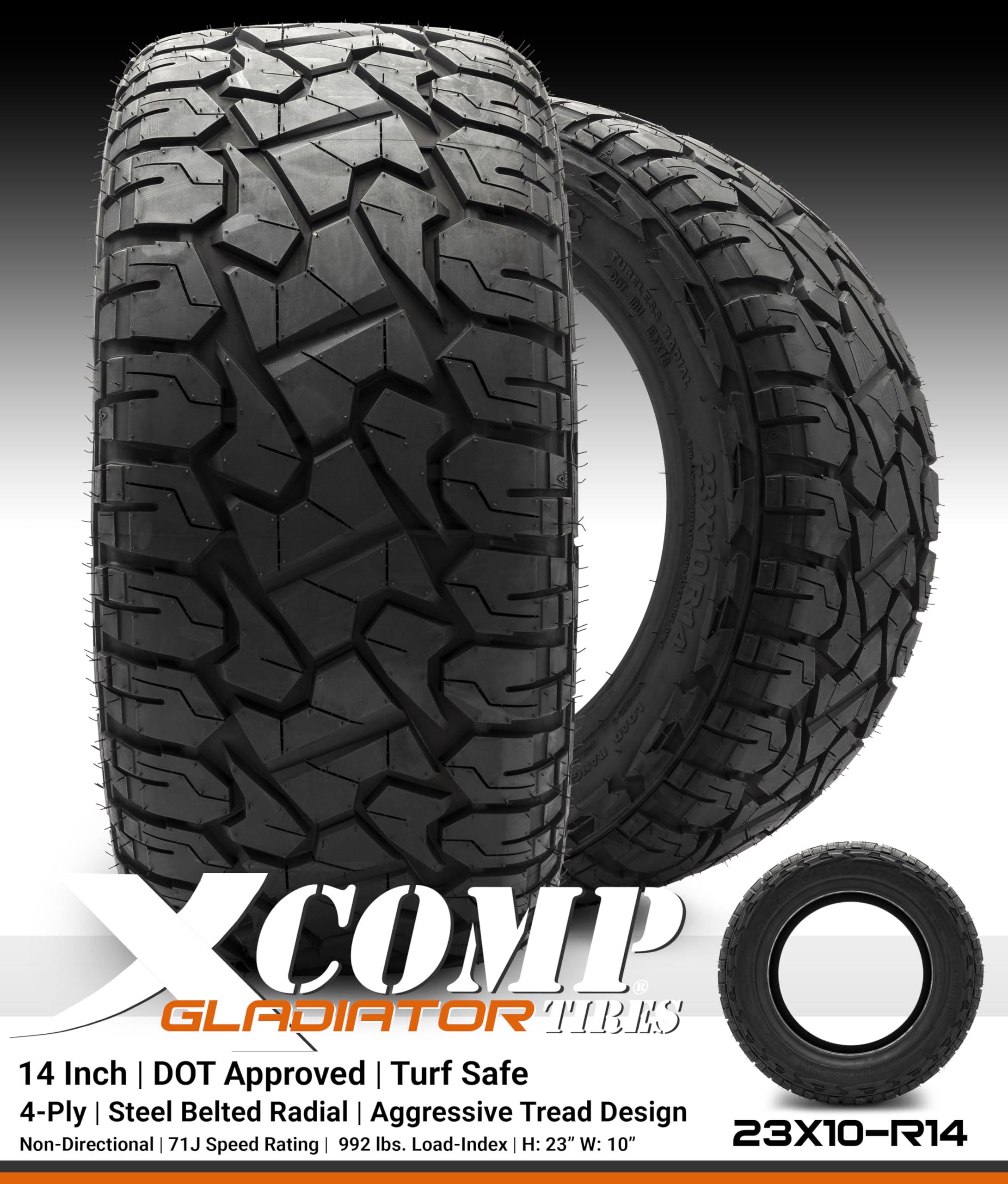Xcomp Gladiator 23x10-14 DOT Golf Cart Tires - Set of 4 Steel Belted All-Terrain Tires for Golf Carts & Utility Vehicles - Perfect for Golf Courses, Campgrounds & Off-Road Use