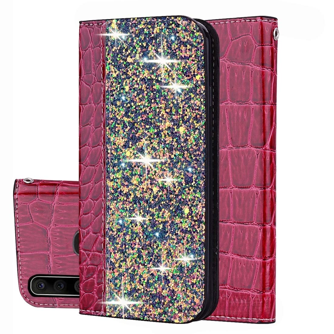 Premium Crocodile Texture Glitter Flip Leather Phone Case for Samsung Galaxy A20s with Card Slots & Holder - Rose Red | Stylish Protection for Everyday Use & Travel