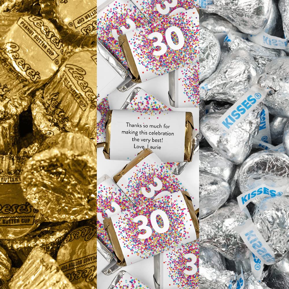 200pcs Personalized Birthday Candy Kit - Custom Wrapped Miniatures, Kisses & Peanut Butter Cups - Party Favors for Guests - Candy Buffet Supplies for All Ages - Confetti Theme - Perfect for Birthday Parties, Baby Showers & Wedding Receptions