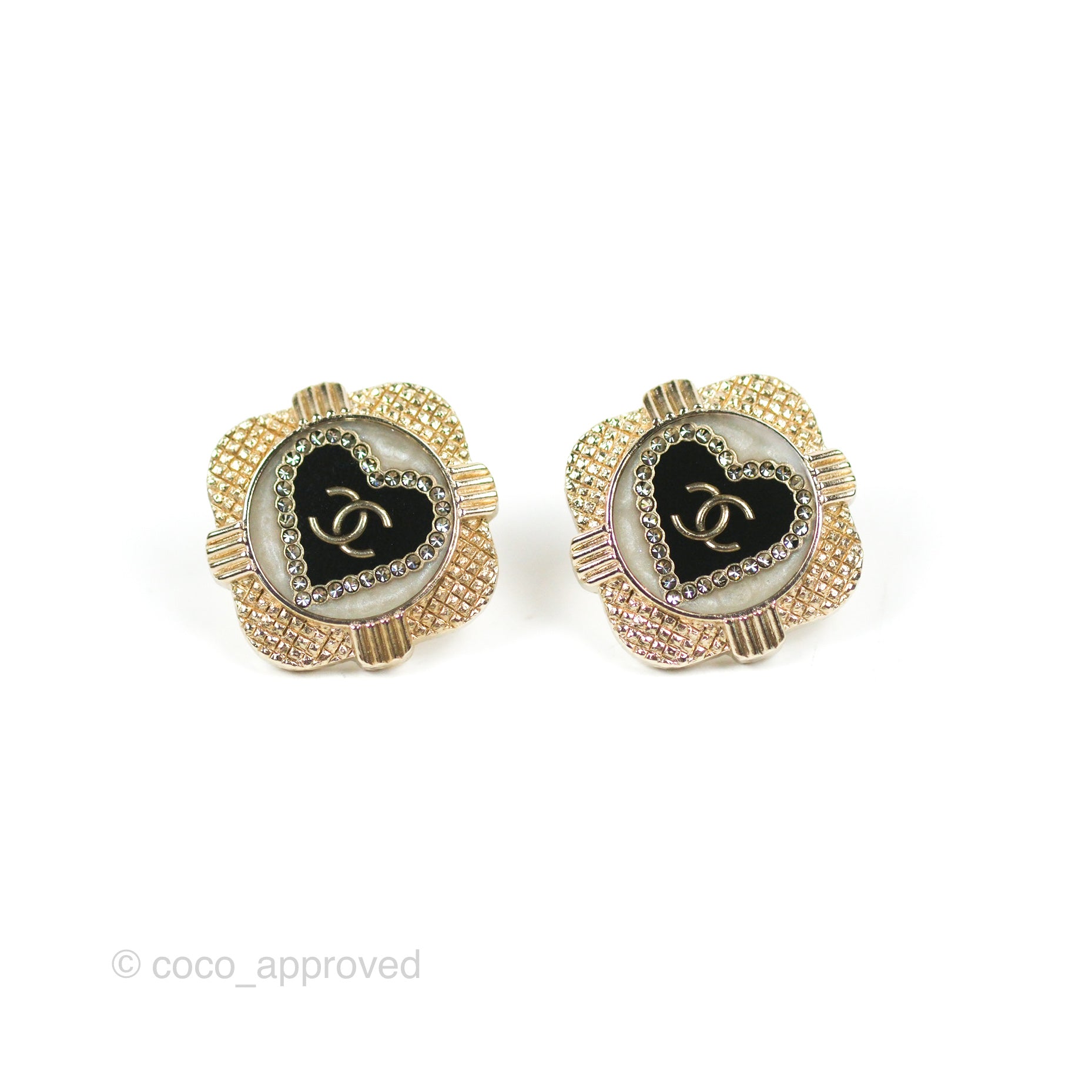 Chanel CC Heart Stud Earrings for Women - Black & Gold Tone 22V - Perfect for Valentine's Day Gifts, Date Nights & Special Occasions