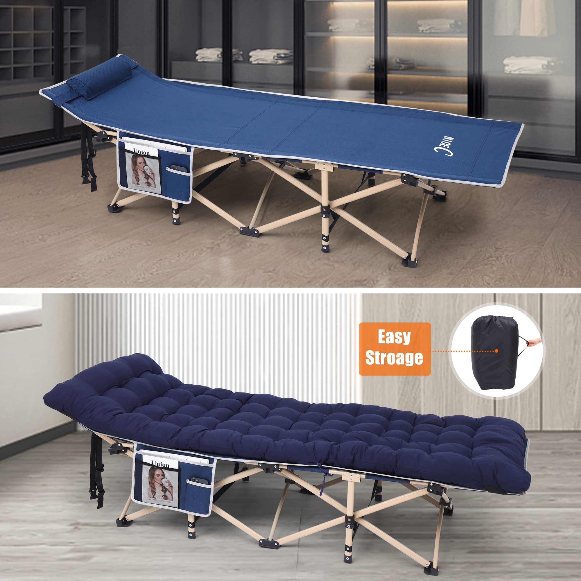 Premium Heated Camping Cot for Adults - Extra Wide Folding Cot with Mattress, Pillow & Storage Pocket - Supports 500 lbs - Navy Blue - Perfect for Outdoor Adventures, Hunting Trips & Emergency Preparedness