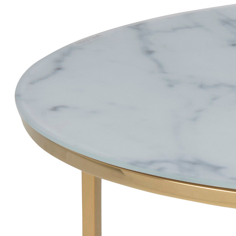 KOLINA 80cm Glass Marble Round Coffee Table - Modern White & Gold Chrome Finish | Perfect for Living Room, Lounge & Office Decor