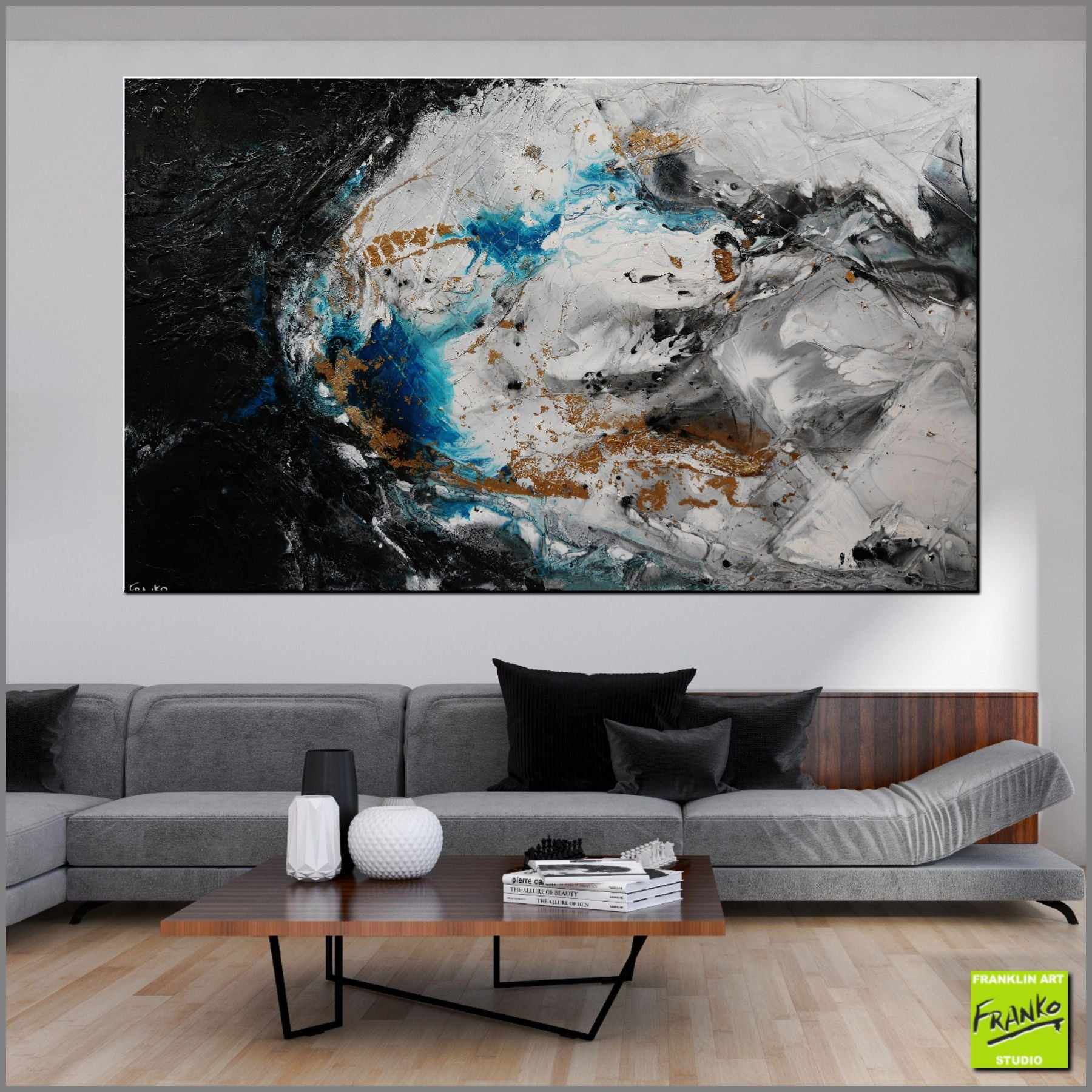 250cm x 150cm Black Grey Cobalt Textured Abstract Canvas Painting - Modern Wall Art for Living Room, Bedroom & Office Decor