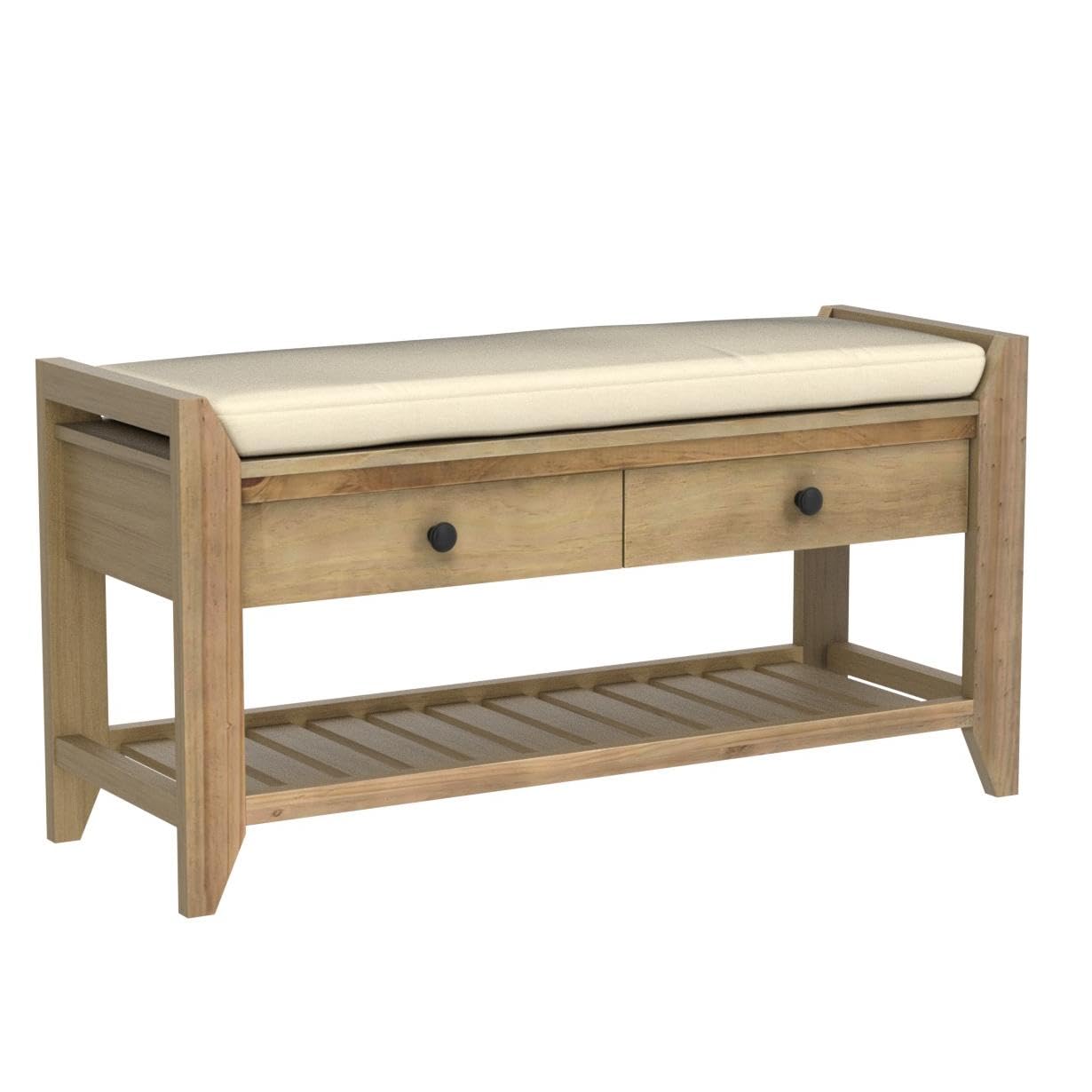 P PURLOVE Entryway Storage Bench with Cushioned Seat - Shoe Rack with 2 Drawers & Storage Shelf, Gray Wash - Perfect for Hallway, Mudroom & Entryway Organization