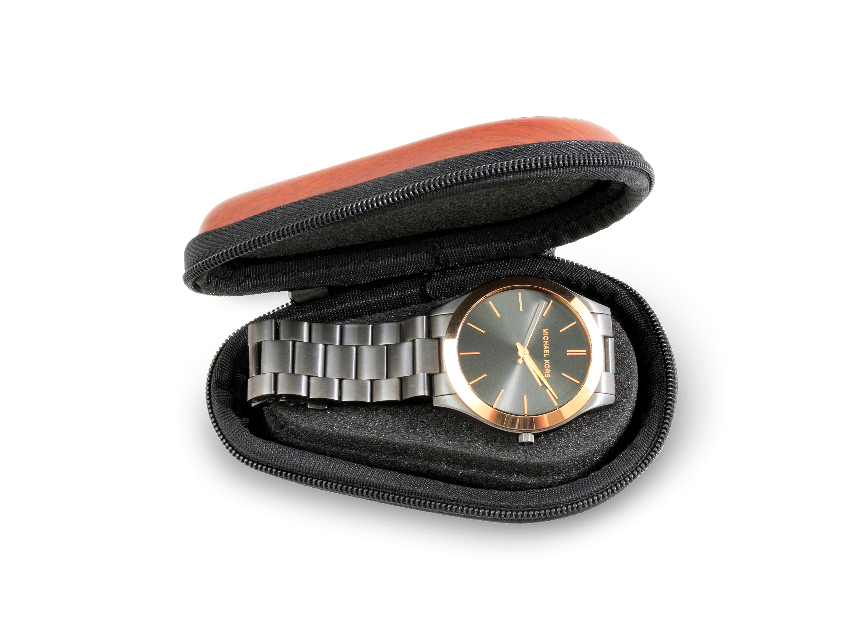 CASEMATIX Premium Watch Travel Case - Hard Shell Exterior & Cushion Foam Interior for Protection - Fits Watches Up to 56mm with Reinforced Zippers & Metal Carabiner - Perfect for Business Travel, Vacation & Watch Collection Storage