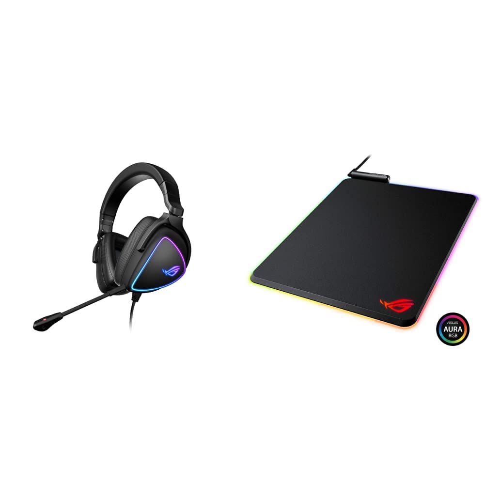 ASUS ROG Delta S Gaming Headset with ROG Balteus RGB Mouse Pad - USB Port | Aura Sync RGB Lighting | Hard Micro-Textured Surface | Non-Slip Base for PC, PS5, Xbox Gaming & Streaming