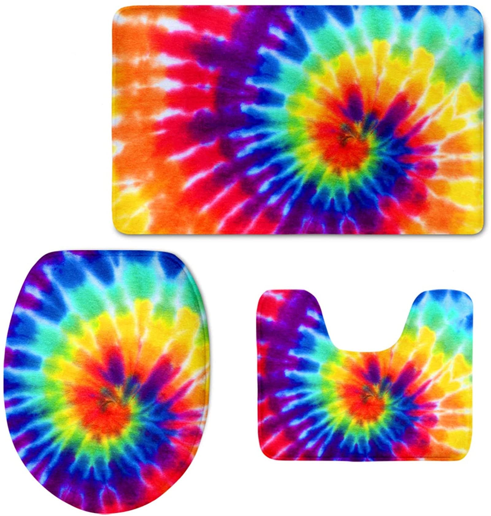 FOR U DESIGNS Non-Slip Flannel Bath Mats Set - 3 Piece U-Shaped Contour Toilet Rug with Colorful Tie Dye Print, Soft Absorbent Bathroom Carpet for Floor Safety | Perfect for Bathroom, Toilet, Shower & Vanity Areas