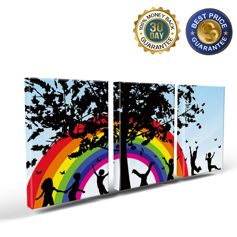 Children Playing Under Tree Rainbow Canvas Wall Art - Set of 3 Framed Giclee Prints 16x24 Inch - Nursery, Bedroom, Living Room Decor for Kids & Family Spaces