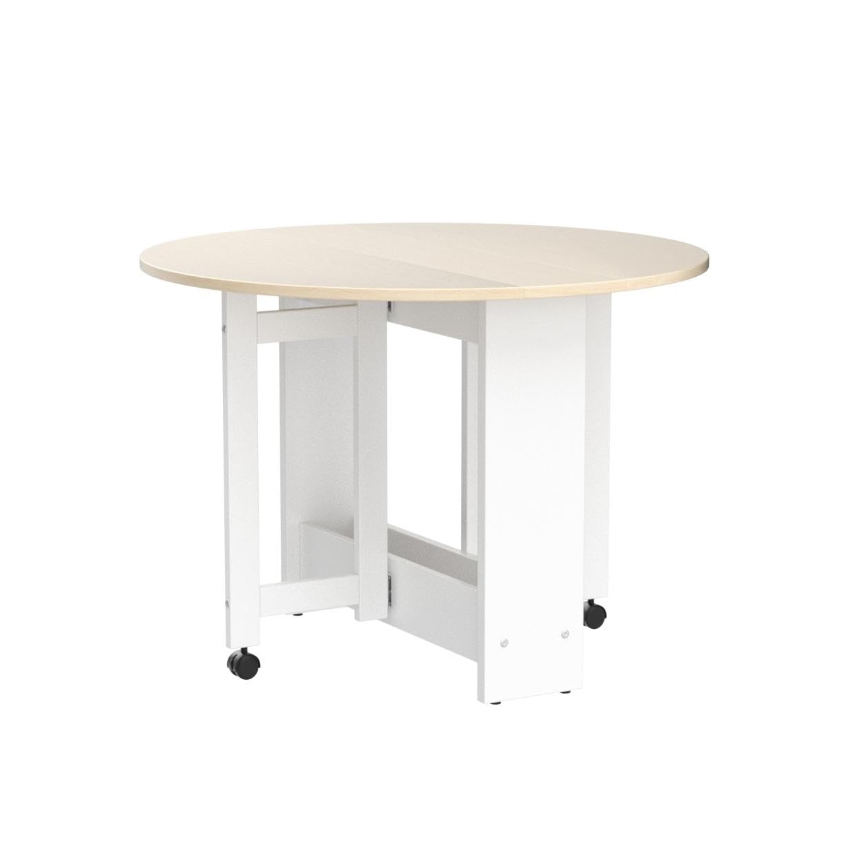 Round Drop-Leaf Folding Dining Table - Space Saving Extendable Kitchen Table with Storage & Wheels | Multifunctional Convertible Farmhouse Table for Small Spaces | Perfect for Apartments, Dorms, Living Rooms & Compact Dining Areas