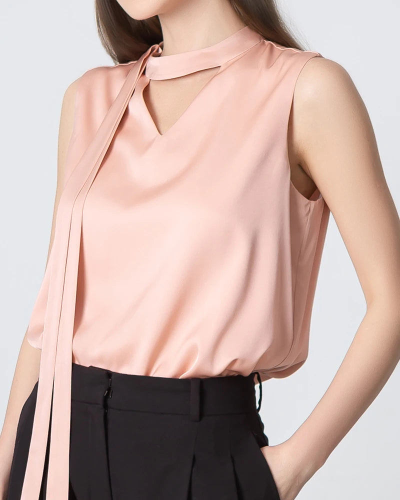 Elegant V-Neck Tie Front Sleeveless Silk Blouse for Women - Perfect for Office Wear, Date Night & Special Occasions