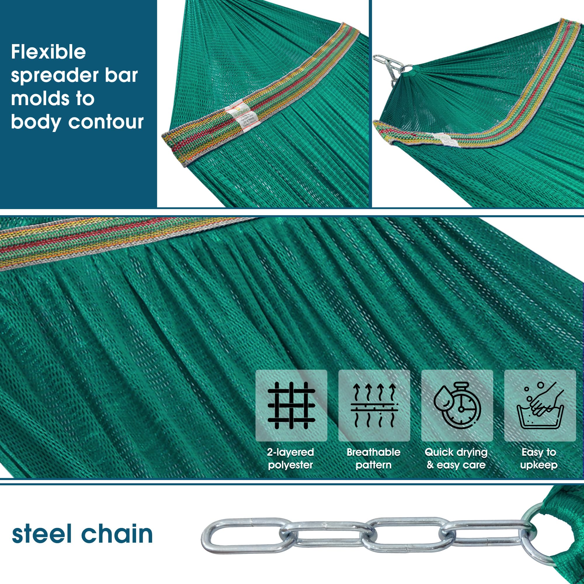 Tranquillo Foldable Hammock Stand with Breathable Polyester Net - 600 lbs Capacity Steel Frame for 2 Person Outdoor Camping, Backyard Relaxation & Beach Lounging - Portable Collapsible Double Hammock Set in Peacock Green