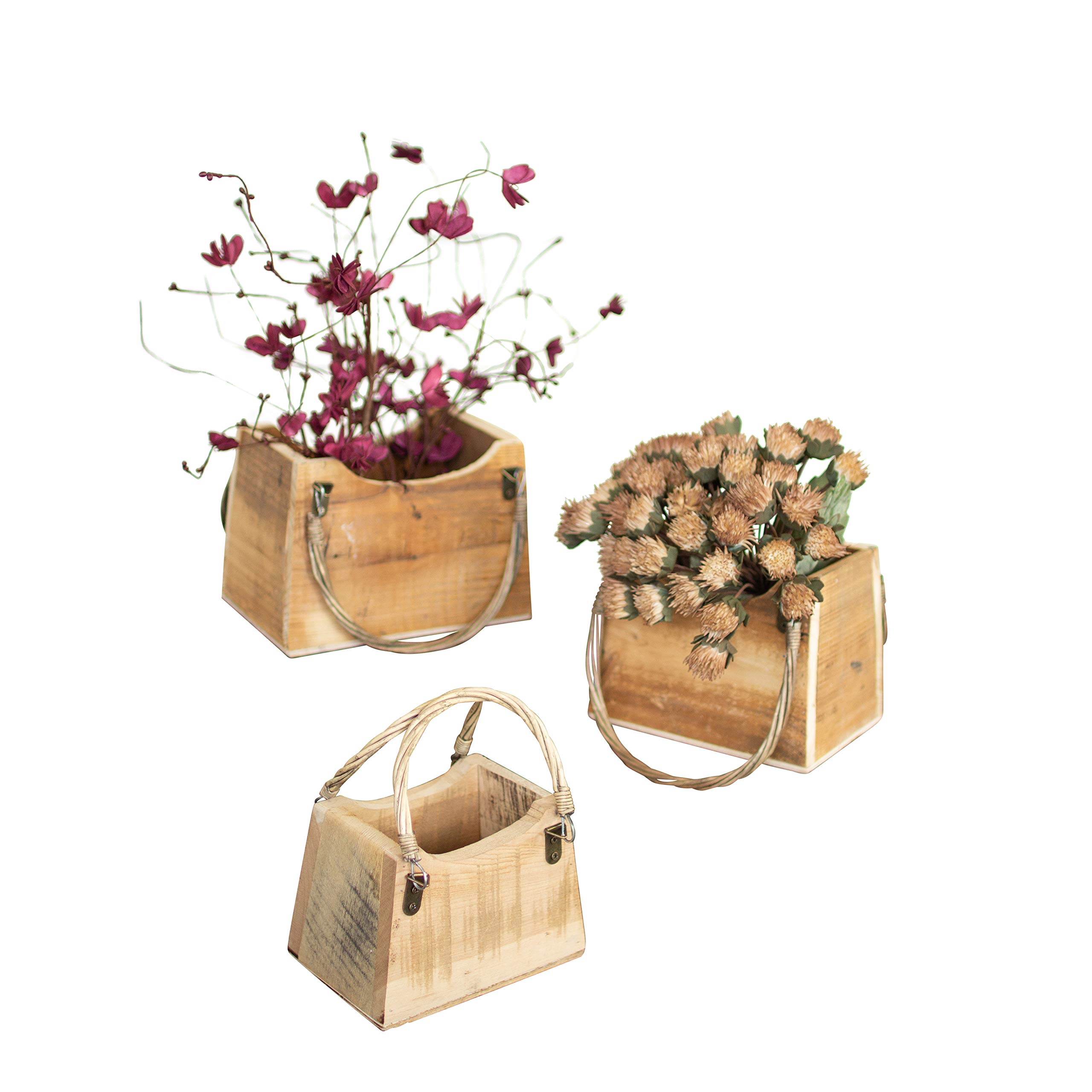 Rustic Recycled Wood Handbag Tote Planter Set of 3 - Vintage Style Storage Pots for Home Decor | Perfect for Indoor Plants, Boho Chic Living Room & Farmhouse Style Decorating