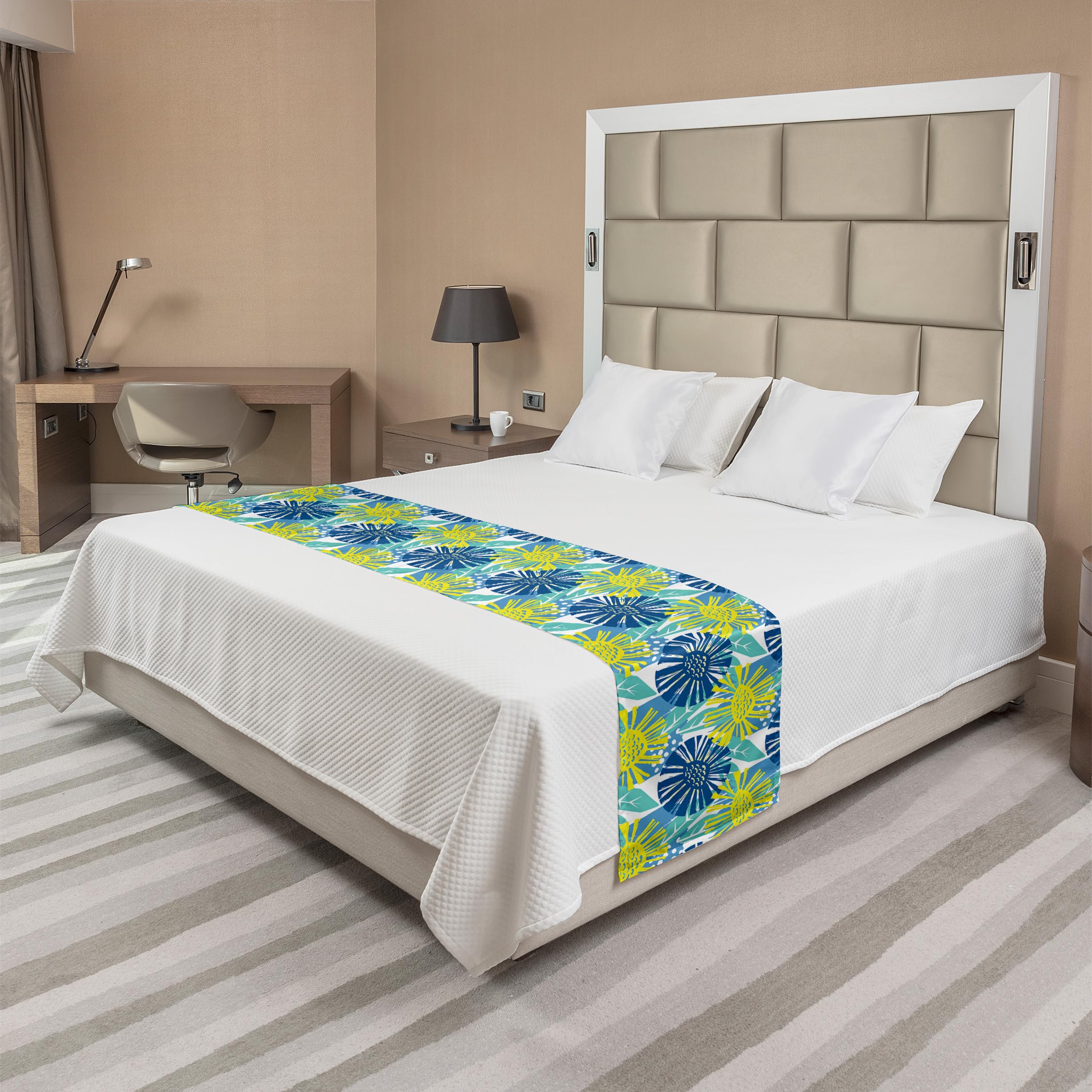 Ambesonne Floral Bed Runner - Doodle Style Flower Motifs with Paintbrush Streaks & Dots - Decorative Bed Scarf for Hotels, Homes & Guest Rooms - Dark Sky Blue Turquoise - Perfect for Weddings, Bedroom Decor & Luxury Bedding Accents