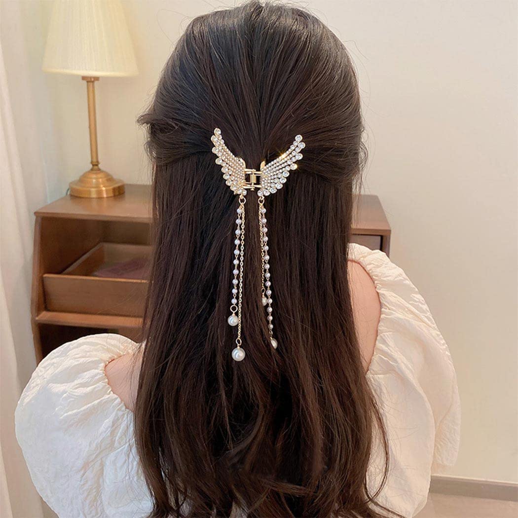 2PCS Rhinestone Butterfly Hair Clips with Tassel Pearl - Elegant Metal Hair Claws for Women & Girls - Perfect for Weddings, Parties & Daily Hair Accessories (Thick & Thin Hair)
