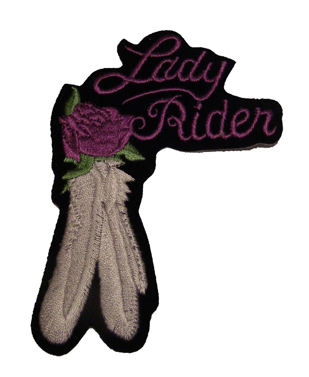 LADY RIDER PATCH WITH ROSE AND FEATHERS - Purple Embroidered Iron-On Patch for Bikers - Veteran Owned Business - Perfect for Jackets, Vests, Bags & Motorcycle Gear