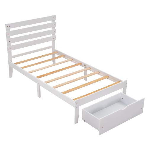 White Wooden Twin Bed Frame with Headboard, Footboard & Storage Drawers - Sturdy Platform Bed Mattress Foundation for Kids, Teens & Guest Rooms