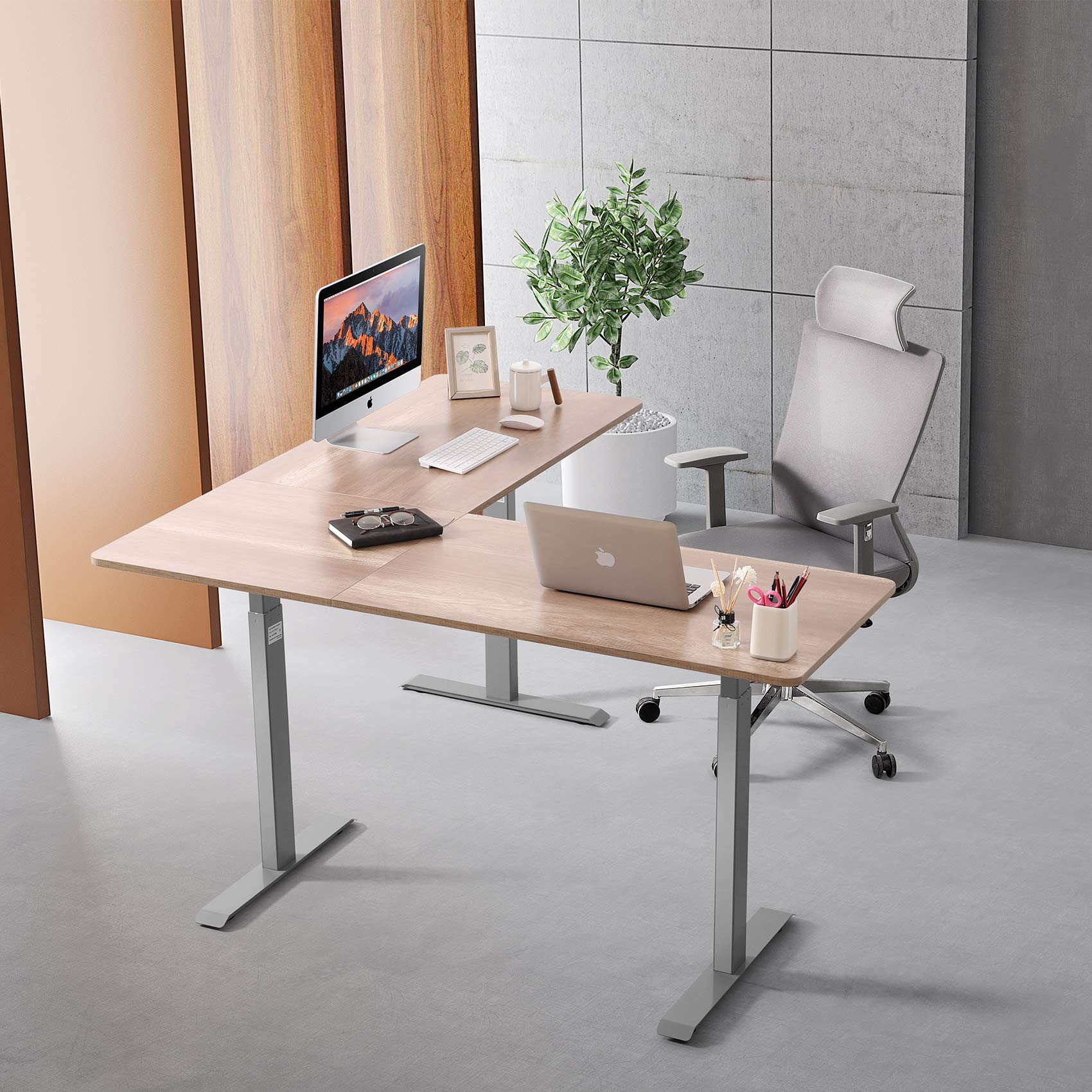 UNICOO L-Shaped Crank Adjustable Standing Desk - Sit to Stand Corner Workstation with Grey Frame & Antique Oak Top | Home Office, Gaming & Study Desk for Ergonomic Workspace