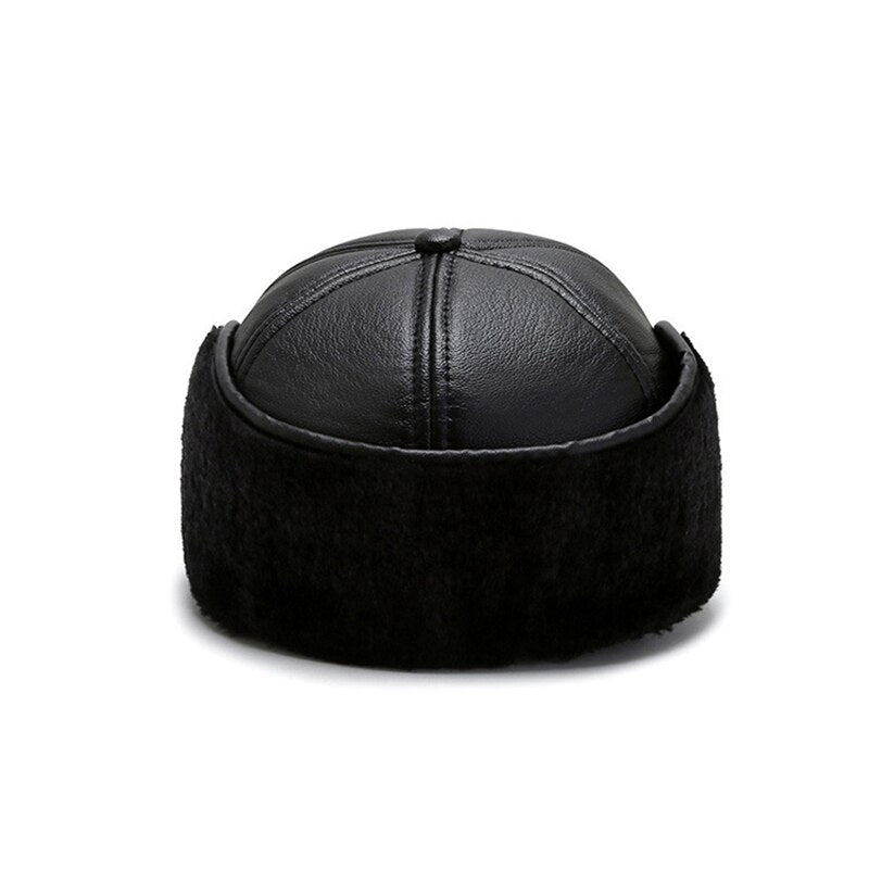 Men's Black PU Leather Baseball Cap with Earflaps - Winter Warm Snapback Hat for Outdoor Sports, Hiking, and Casual Wear