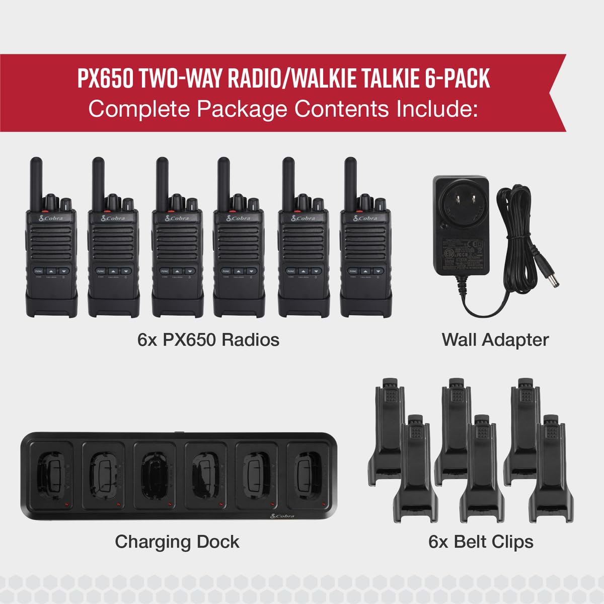 Cobra PX650 BCH6 Professional Business Walkie Talkies - Rechargeable Two-Way Radios with 300,000 sq. ft/25 Floor Range, IP54 Dust & Splashproof (6-Pack) - Ideal for Construction, Warehouses, Hotels, and Event Security Teams