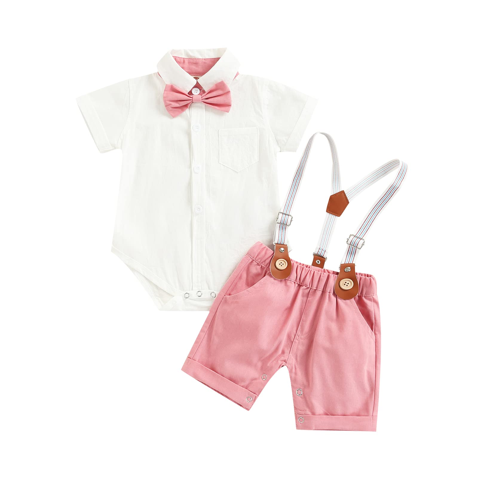 Baby Boy Gentleman Outfit - Short Sleeve Bowtie Romper & Suspenders Shorts Set - Summer Casual Clothes for Boys - Perfect for Photoshoots, Parties & Special Occasions