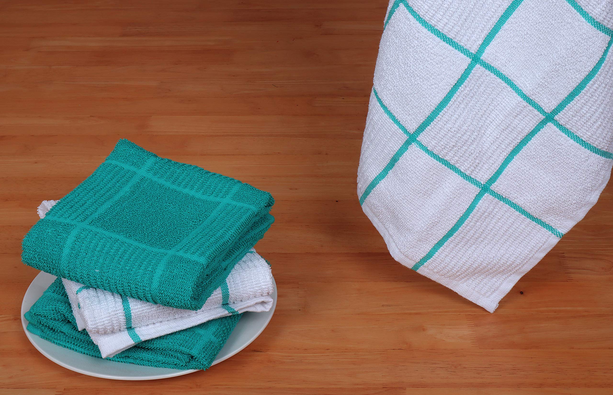 AMOUR INFINI Premium Cotton Kitchen Towels - Pack of 4, 16x28 Inch Super Absorbent & Quick Drying Dish Towels with Hanging Loop - Ideal for Hand Drying, Dishwashing & Tea Time (Teal)