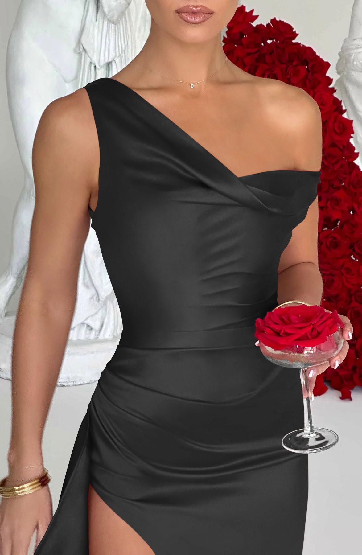 Memoriesea Women's Satin One Shoulder High Slit Formal Party Evening Maxi Dress - Elegant Prom, Wedding Guest & Cocktail Gown for Special Occasions