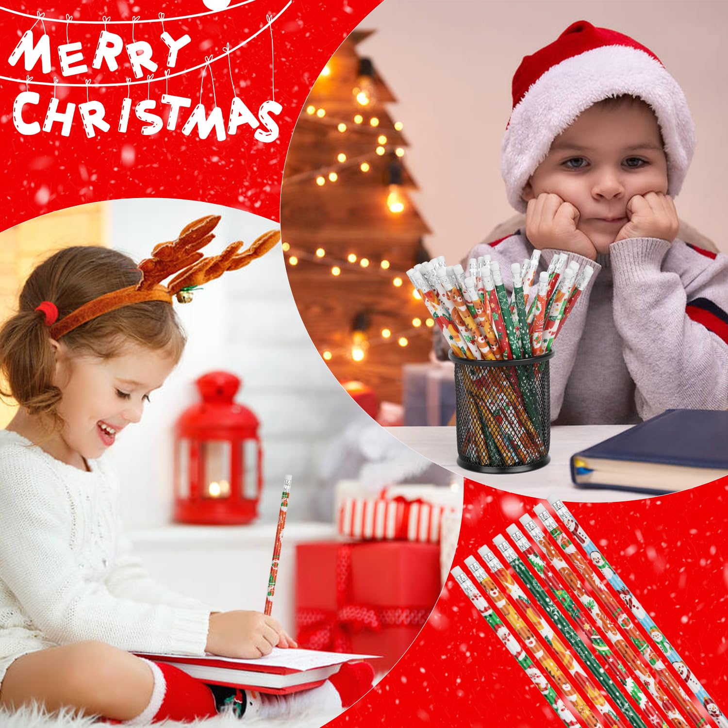32pcs Christmas Pencils with Eraser - Santa Claus, Elk, Tree & Snowflake Designs for Kids Holiday Party Supplies (8 Styles) | Perfect for Classroom Gifts, Stocking Stuffers & Christmas Crafts