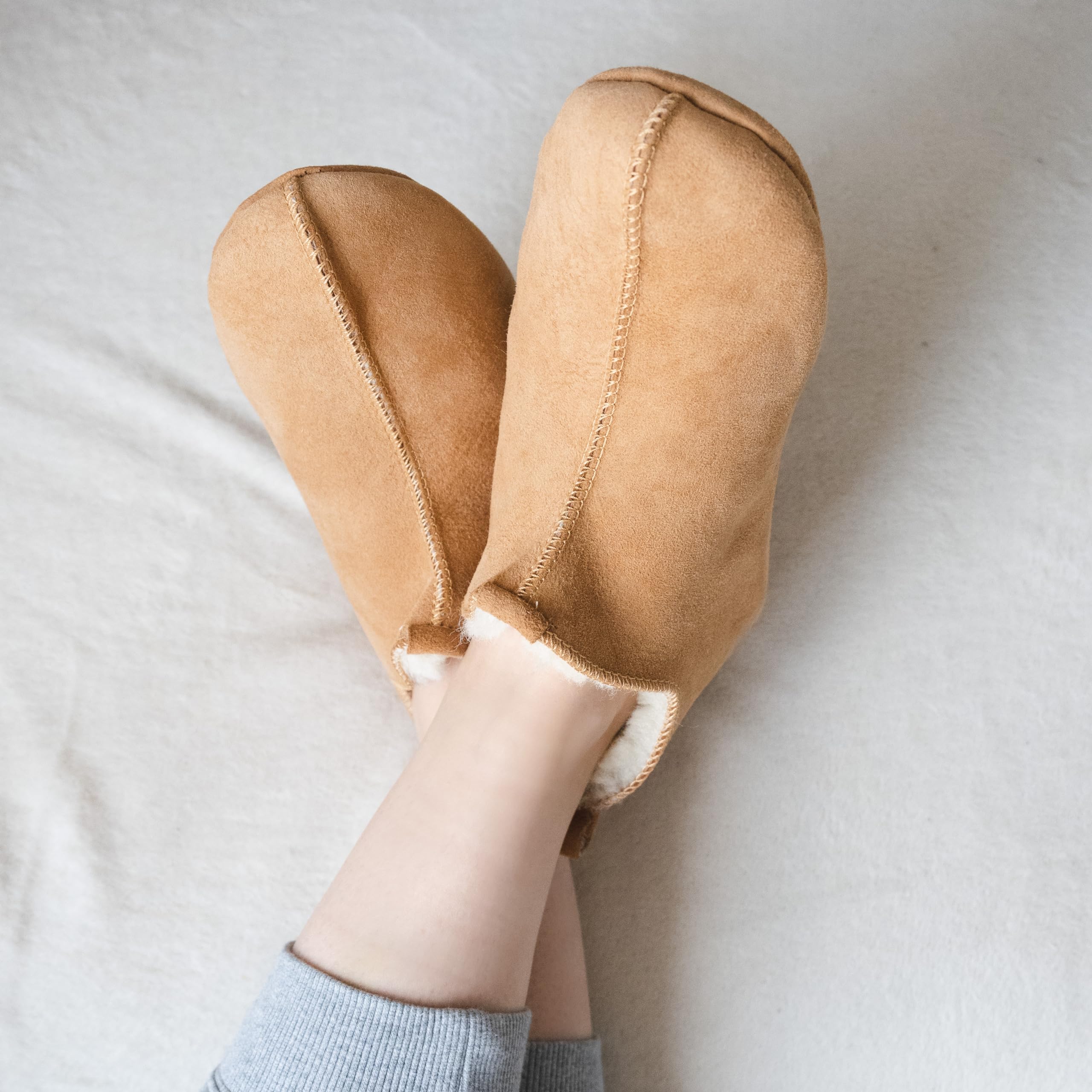 Unisex Natural Beige Wool Slippers with Soft Sole - Genuine Sheepskin Winter Slippers for Men and Women - Handmade Warm House Shoes for Indoor Comfort & Cozy Home Wear