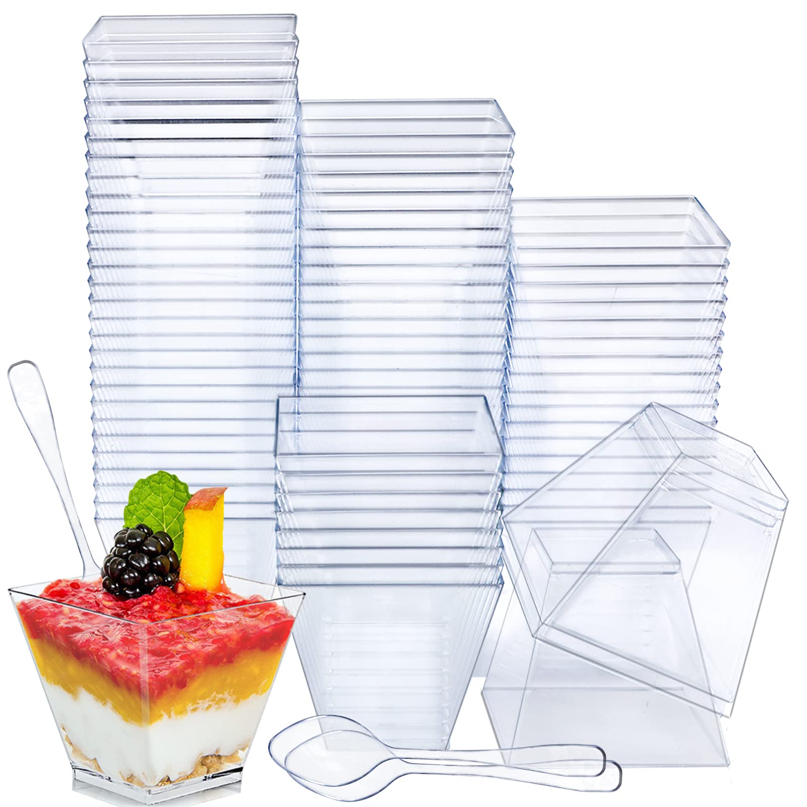100-Pack LONTOM 60ml (2oz) Reusable Plastic Dessert Cups with Spoons - Mini Cheesecake Bowls for Mousse, Pudding, Jelly, Trifles & Ice Cream - Perfect for Parties, Catering & Home Dessert Serving