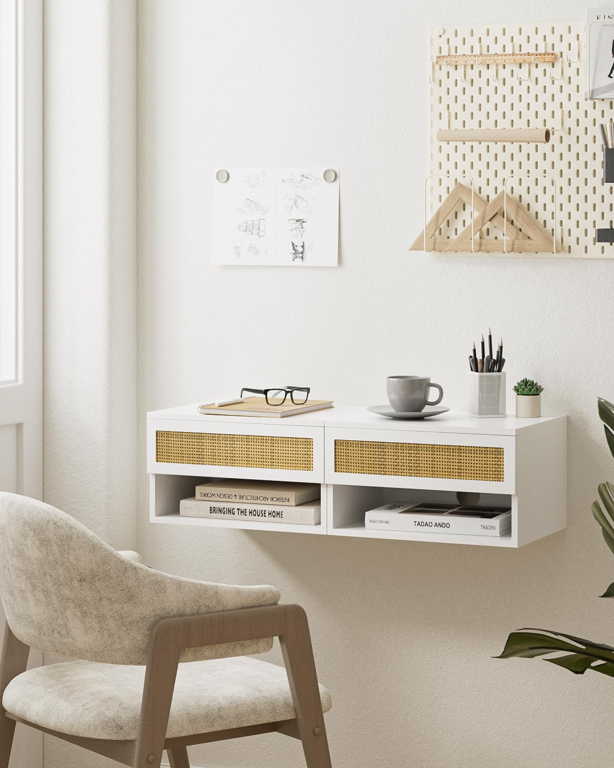Modern White Rattan Nightstand with Drawer & Floating Shelves - Small Bedside Table for Bedroom, Bathroom, Living Room | Perfect for Storage & Home Decor