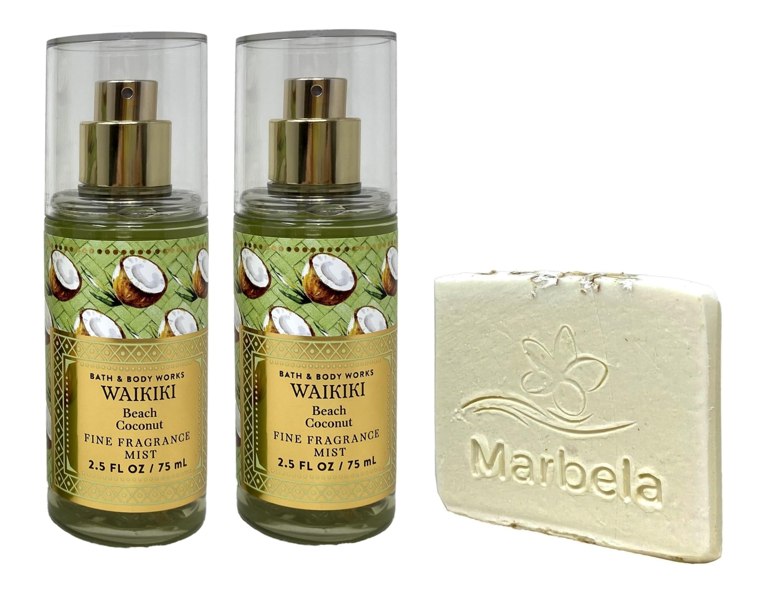 Bath & Body Works Waikiki Beach Coconut Mini Fine Fragrance Mist 2-Pack with Natural Oats Sample Soap | Travel-Size Body Spray Set | Perfect for Vacation, Beach Trips & Summer Getaways