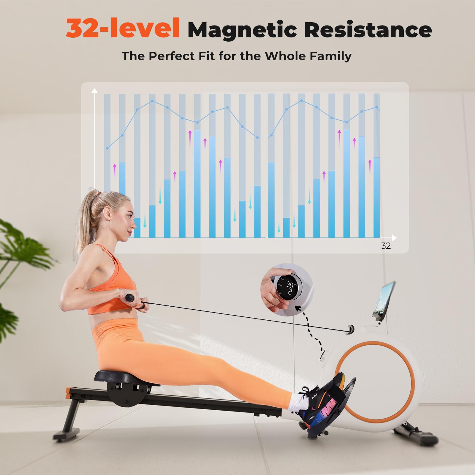 Premium Magnetic Rowing Machine for Home - 32-Level Resistance, 300LB Capacity, Bluetooth Connectivity & App Support with Tablet Holder | Quiet Indoor Rower for Full-Body Workout, Cardio Training & Home Gym Fitness