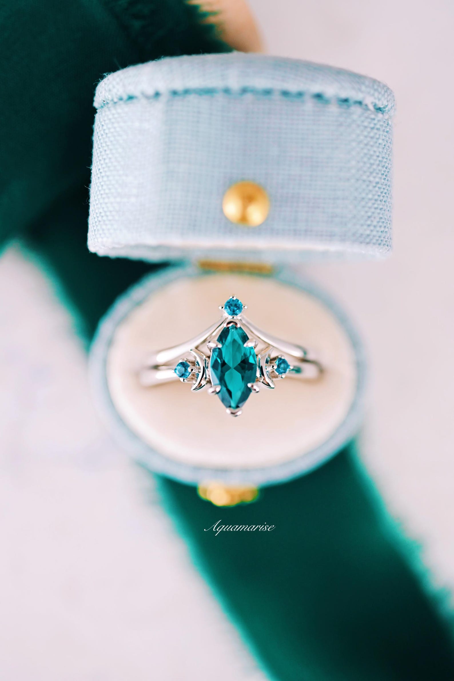 14K White Gold Teal Sapphire Crescent Moon Ring Set - Elegant Jewelry for Women, Perfect for Weddings, Anniversaries & Special Occasions