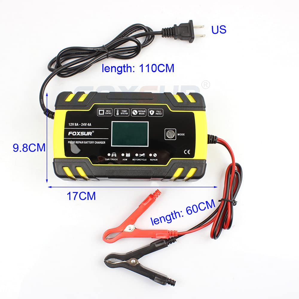 12V/8A 24V/4A Smart Car Battery Charger with LCD Display - Automatic Trickle Charger & Maintainer with Pulse Repair for Cars, Trucks, Motorcycles, Lawn Mowers, Boats - Perfect for Winter Storage & Vehicle Maintenance