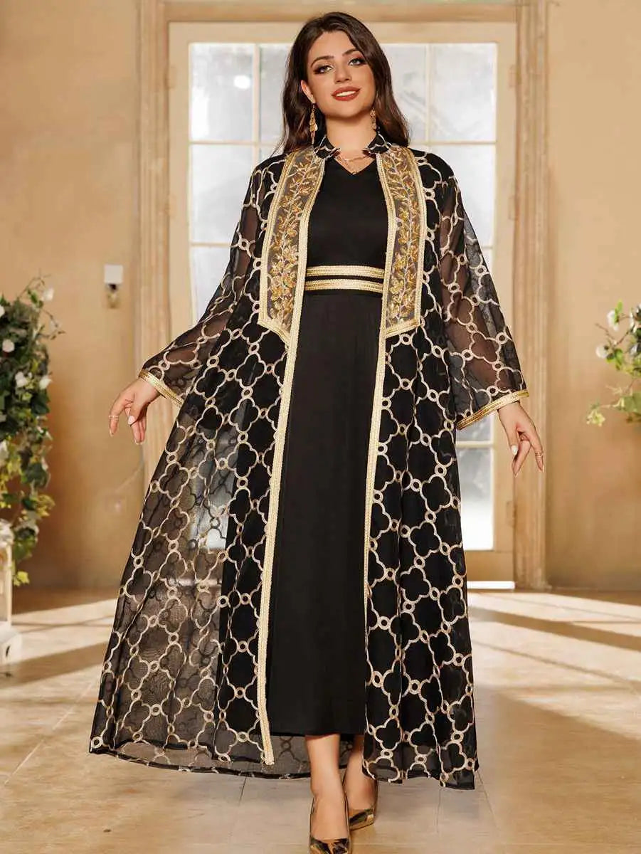 Muslim Women's 2-Piece Eid Caftan Dress Set with Doris Embroidery - Elegant Islamic Prayer Outfit for Ramadan & Special Occasions