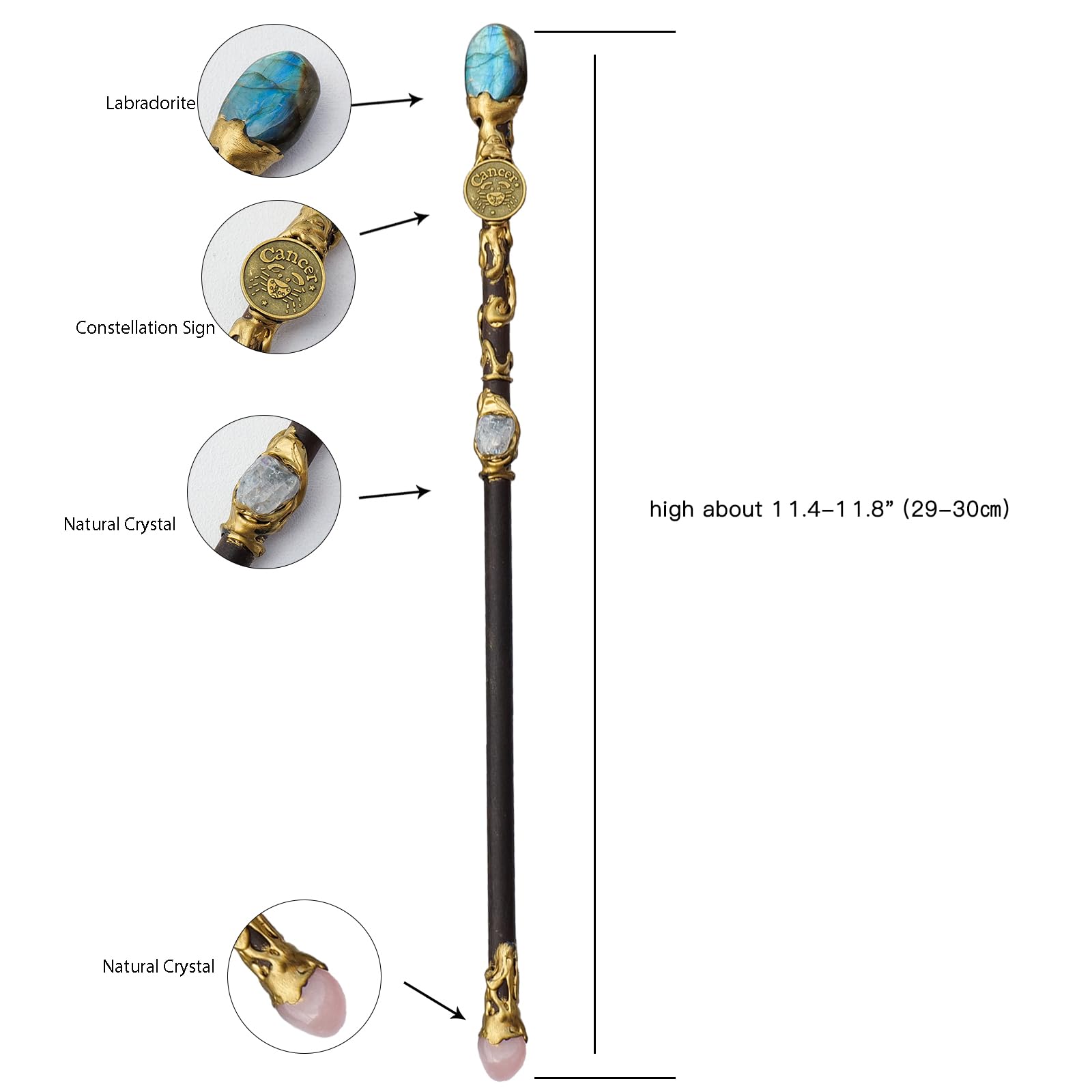 Natural Crystal Cancer Zodiac Scepter - 11.6 Inch Handmade Magic Wand for Cosplay, Halloween & Christmas Costume Accessory | Perfect for Fantasy Roleplay, Witchcraft, and Themed Parties