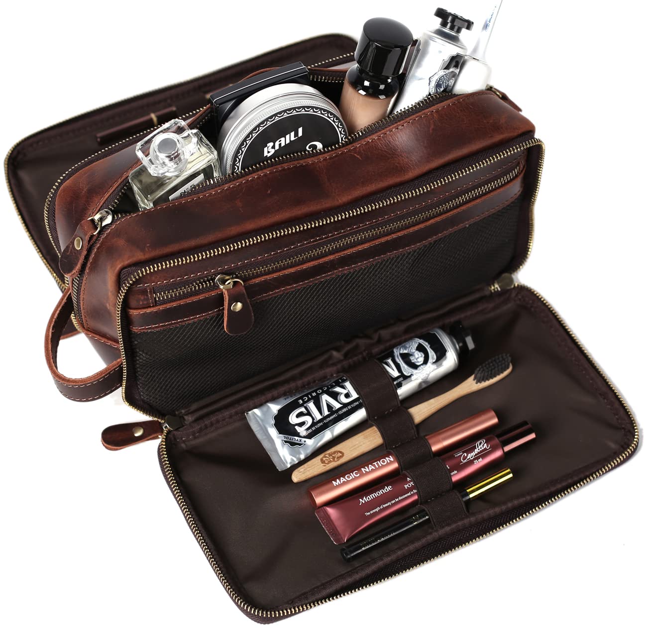 Premium Full Grain Leather Toiletry Bag for Men - Personalized Travel Shaving Dopp Kit, Large Cosmetic Organizer with Monogram Option (Coffee Brown) - Perfect for Business Trips, Gym Essentials & Bathroom Storage