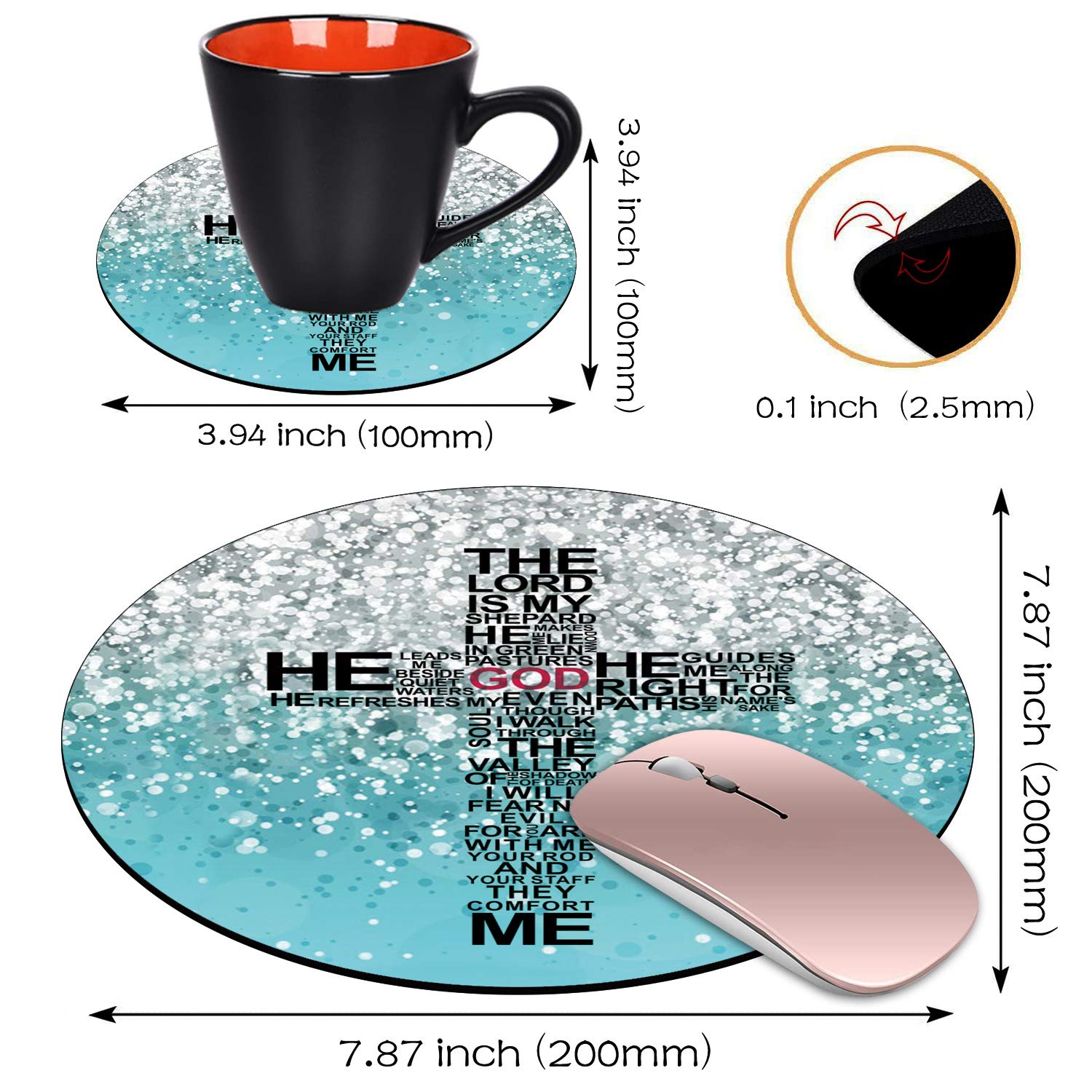 Blue Glitter Round Mouse Pad & Coasters Set with Christian Cross Design - Non-Slip Rubber Base for Laptop, Computer, Office & Gaming Use
