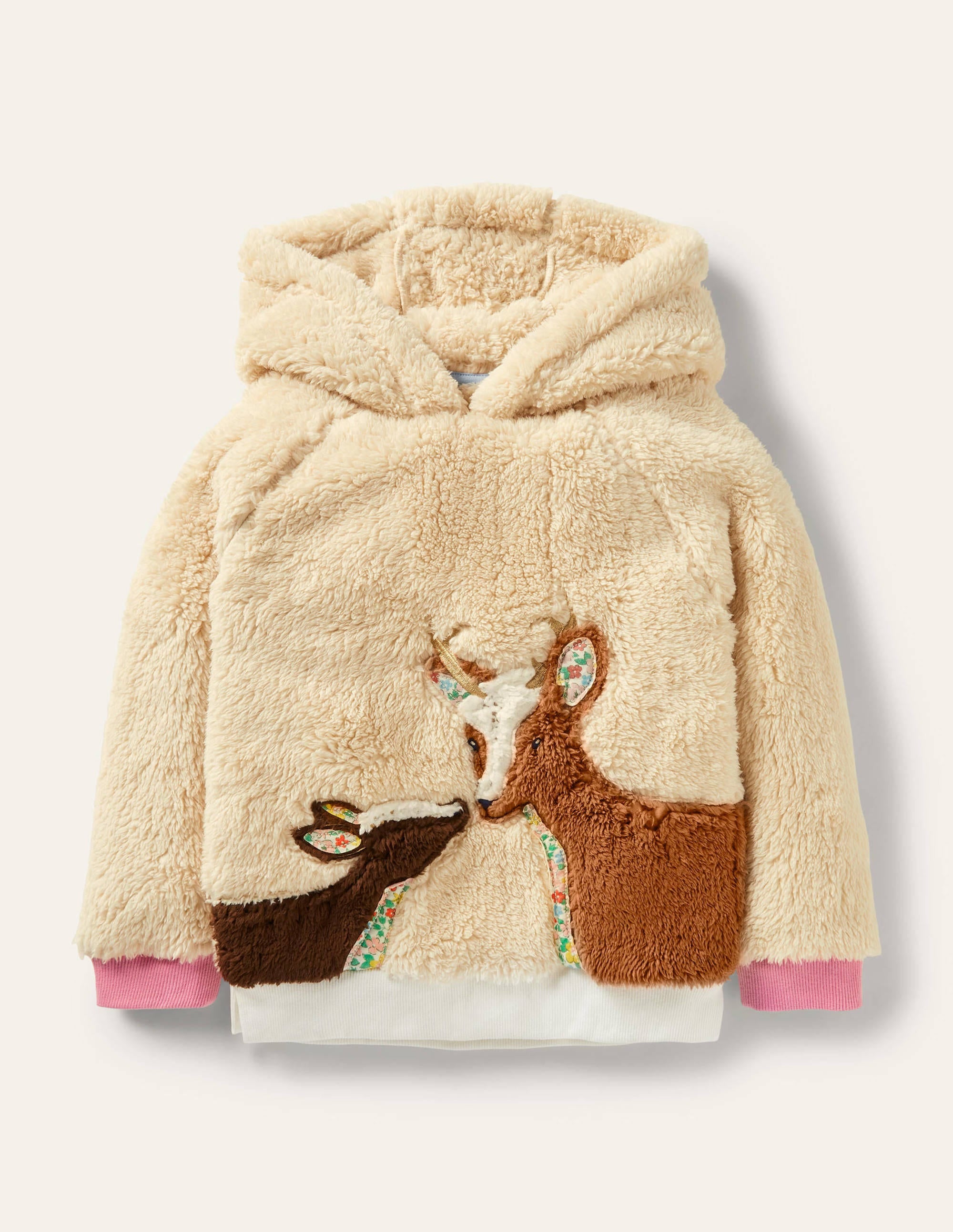 Appliqué Borg Hoodie - Natural Deer Print Pullover for Men & Women | Cozy Winter Fashion, Streetwear & Outdoor Activities