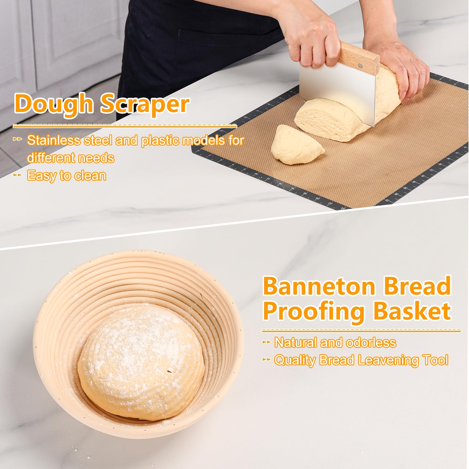 2-Pack 9 Inch Round Banneton Bread Proofing Basket Set with Silicone Bread Sling & Dough Whisk - Perfect for Sourdough Baking, Artisan Bread Making - Ideal Gift for Bakers & Home Bread Making Enthusiasts