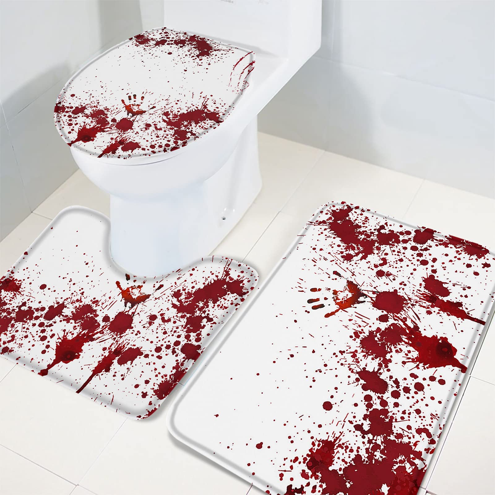 3-Piece Halloween Bathroom Rug Set - Non-Slip Bloody Handprint Design, Absorbent Toilet Mat & Seat Cover - Scary Home Decor for Bathroom Safety & Spooky Theme Parties