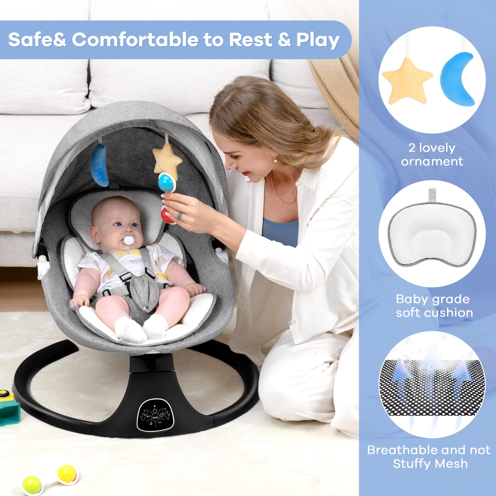 Electric Baby Swing for Infants - 5 Speed Adjustable Rocker with 10 Soothing Lullabies, Remote Control, AC Adapter & Battery Powered (Gray) - Perfect for Nursery, Living Room, Backyard & Travel Use