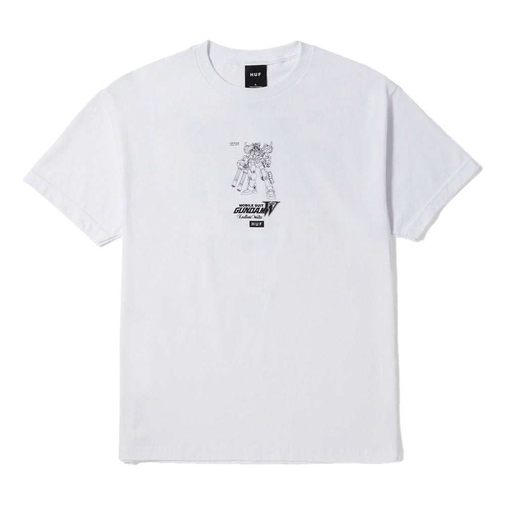HUF x Gundam Heavy Arms Schematics Short Sleeve T-Shirt - White Cotton Tee for Anime Fans & Streetwear Enthusiasts - Perfect for Cosplay, Casual Wear & Gundam Collectors