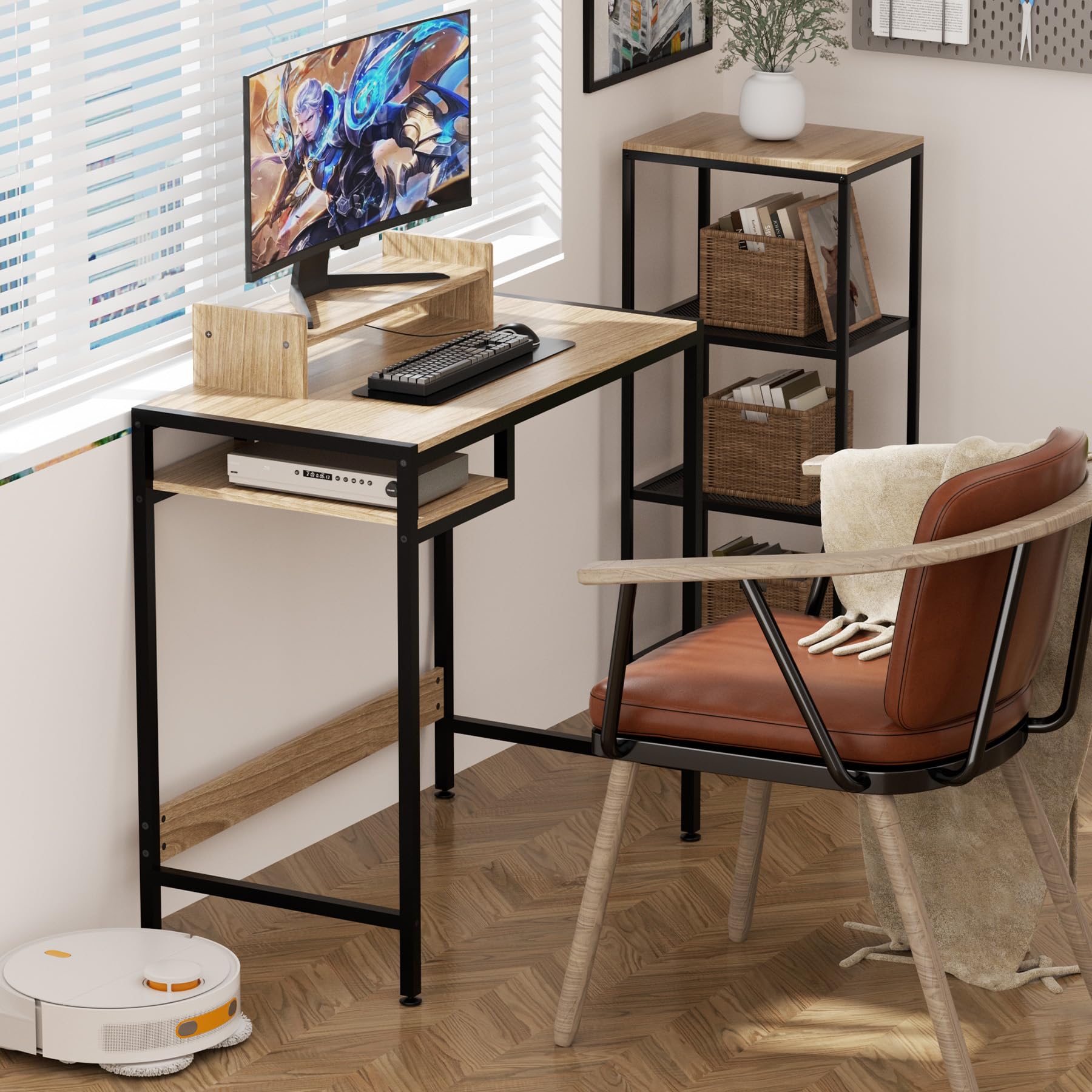32 Inch Computer Desk with Storage & Monitor Stand - Modern Home Office Desk, Gaming Desk, Study Table with Adjustable Storage Space (Grey) - Perfect for Small Spaces, Work from Home & Gaming Setups