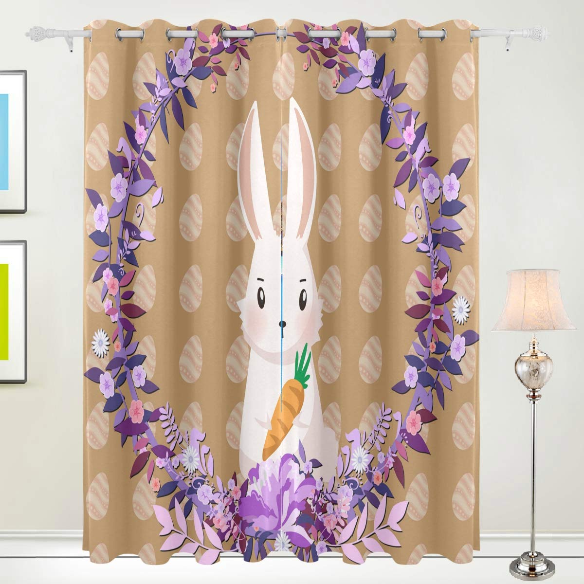Blackout Window Curtains for Bedroom & Living Room - Easter Eggs Bunnies Design Room Darkening Shades 84 Inch Length 2 Panels | Perfect for Nursery, Kids Room & Home Decor